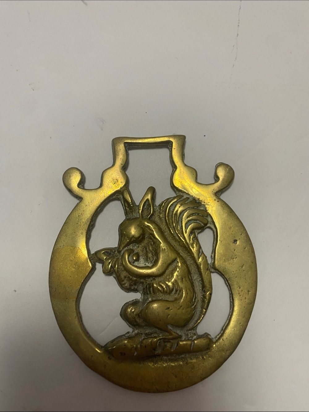 Vtg Brass Horse Saddle Medallion Squirrel W/Nut
